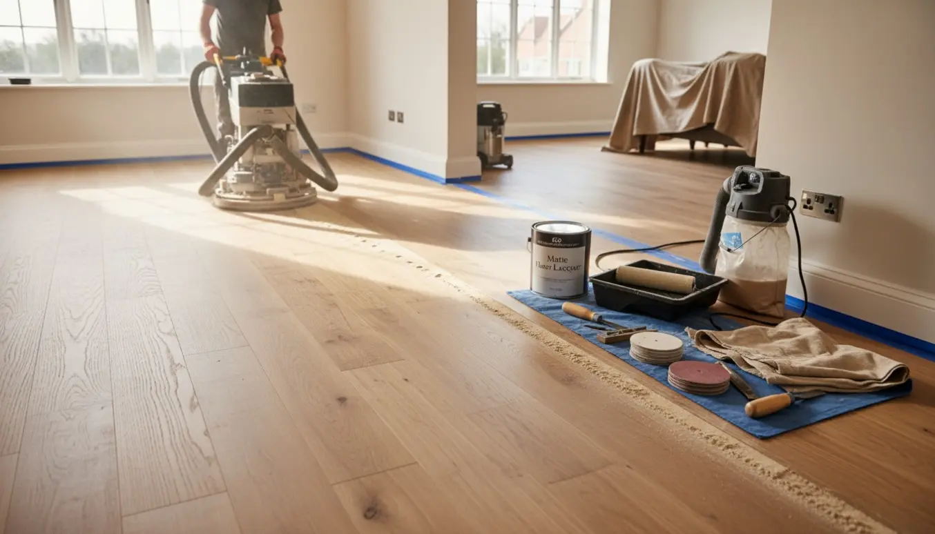 To sammenhængende stuer med trægulv under slibning, nyslebet træ og mat lak klar ved siden af.