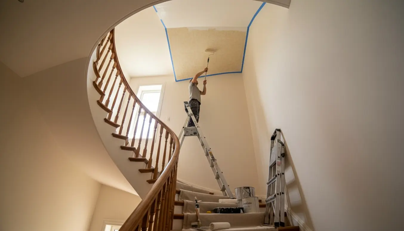 En maler på en udstrakt stige maler et fem meter højt loft over en svingtrappe med afdækningsplast og malergrej i forgrunden.