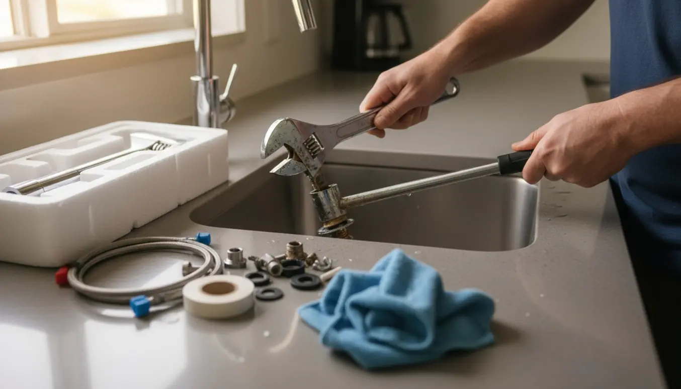 Hænder skruer et gammelt køkkenarmatur af ved en rustfri vask med nyt kromarmatur og værktøj på bordet.