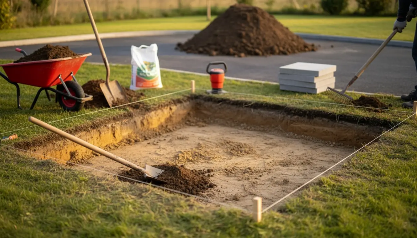Opgravet jord til en lille terrasse med skovl, trillebør og en jordbunke ved vendepladsen.