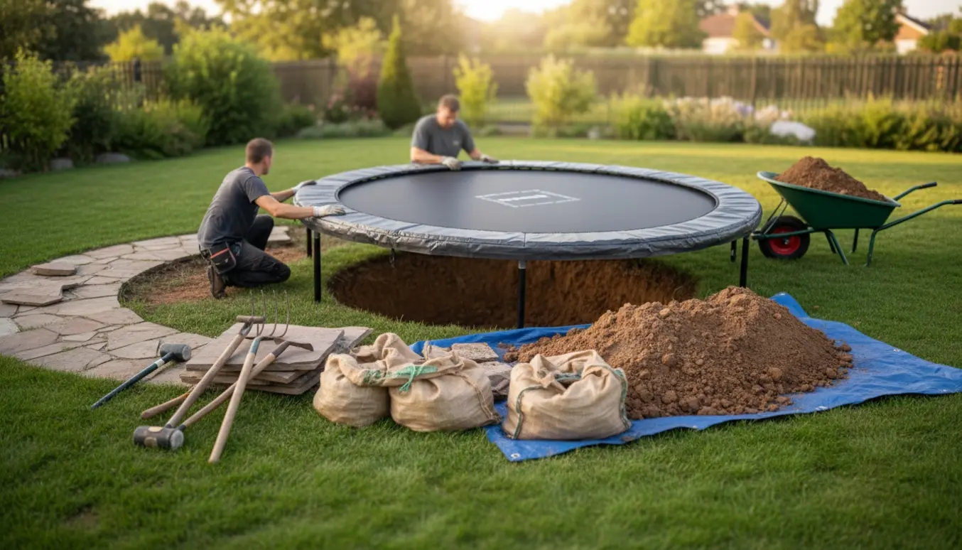 Delvist nedgravet rund trampolin i en baghave med opgravet jord, bunker af sten og haveværktøj ved siden af.