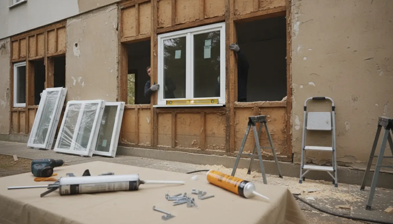 Håndværkers hænder monterer et nyt vindue i en facade med flere åbne vindueshuller og værktøj i forgrunden.