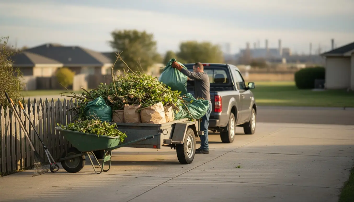 Trailer fyldt med nedskårne grene og sække med haveaffald klar til transport.