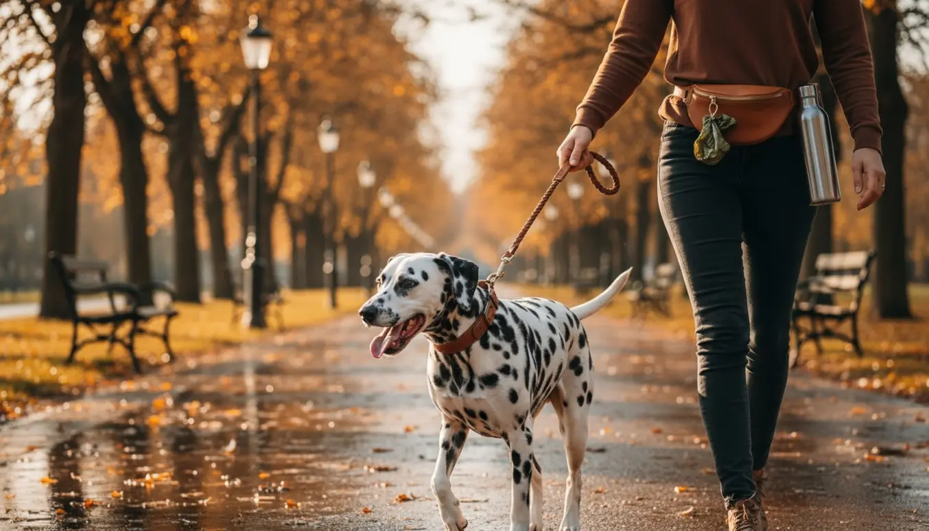 En dalmatiner på snor i en solbeskinnet park, ført af en person uden synligt ansigt.