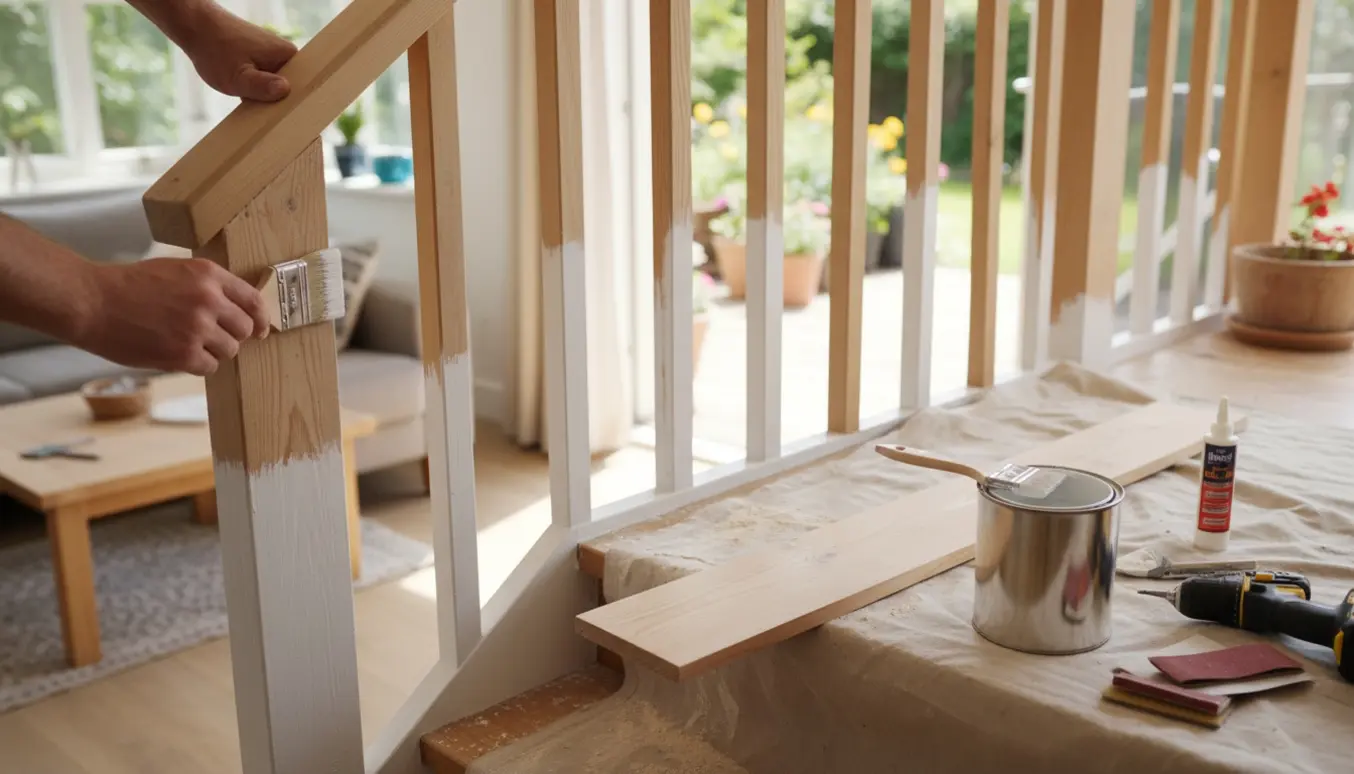 Hænder sliber og maler et gelænder fra stuen ned til terrassen med et nyt bræt og værktøj ved siden af.