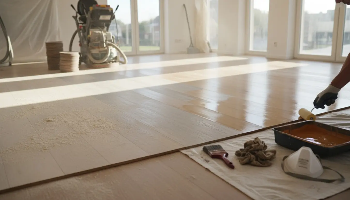 Soloplyst stue med gulv i tre stadier: slebet, ludbehandlet og lakkeret, værktøj og handsker i forgrunden.