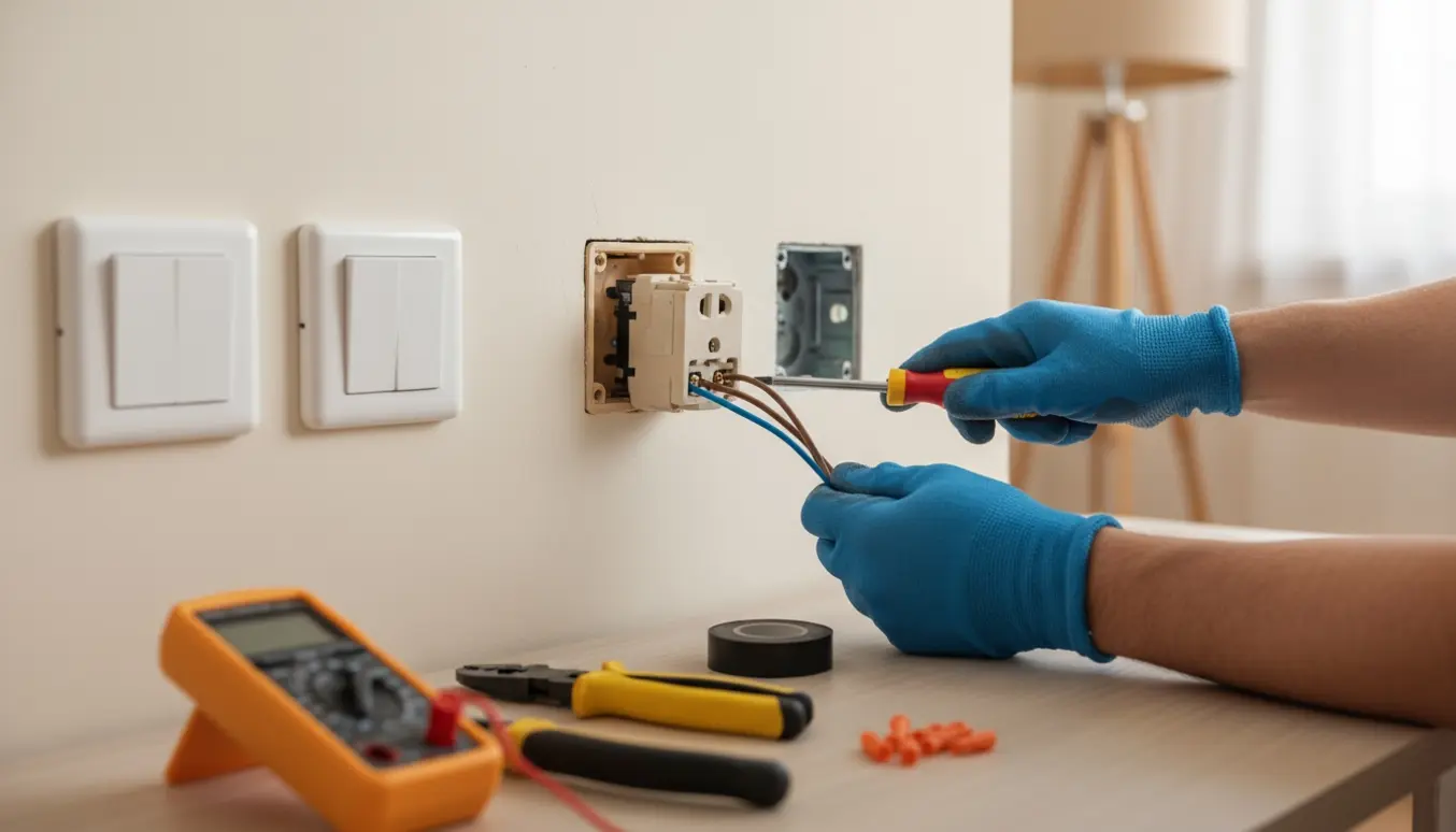 Hænder monterer en stikkontakt ved siden af afbrydere med værktøj og synlige ledninger.