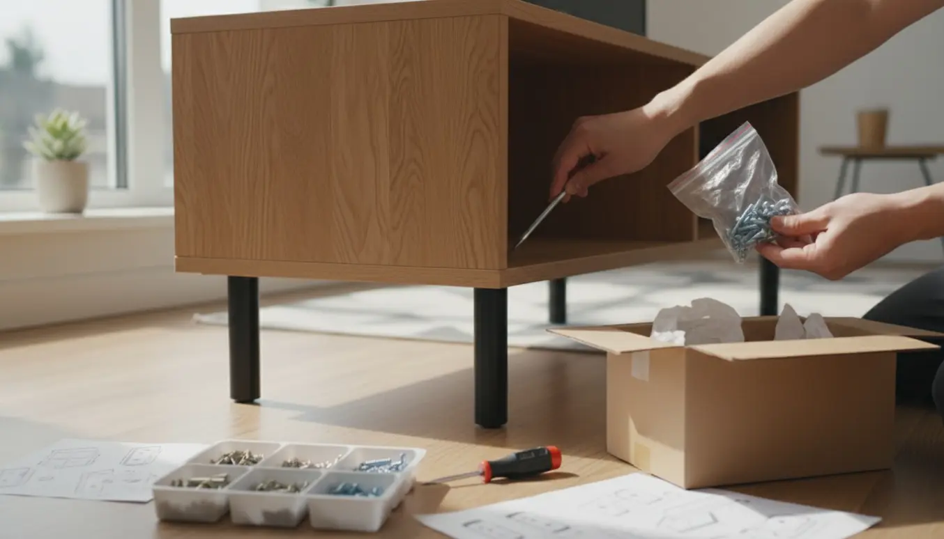 Hænder samler et fladtpakket tv-bord i en solfyldt stue med værktøj og emballage.