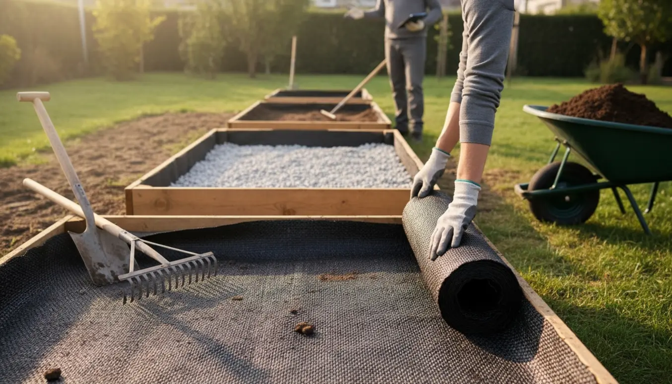 Håndværker inspicerer bede, hvor jord er fjernet, og fiberdug og grus lægges.