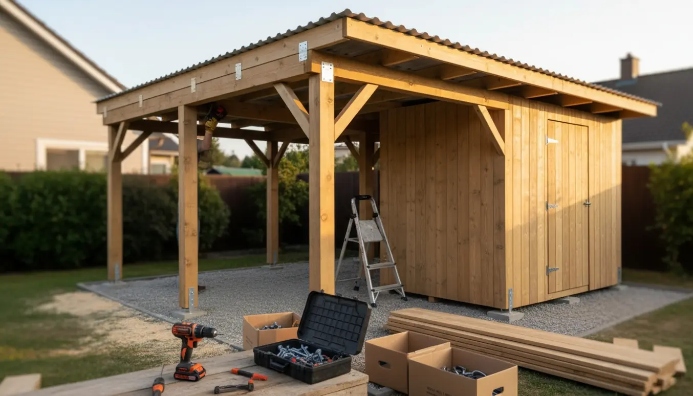 Næsten færdigmonteret enkelt-sidet carport med integreret skur og værktøj i forgrunden.