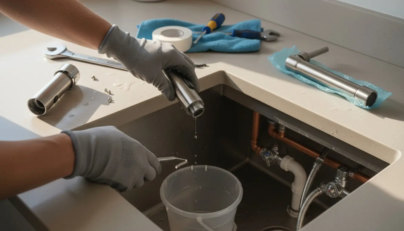 Hænder afmonterer en moderne kogevandhane og forbereder montering af en almindelig køkkenhane ved en vask.