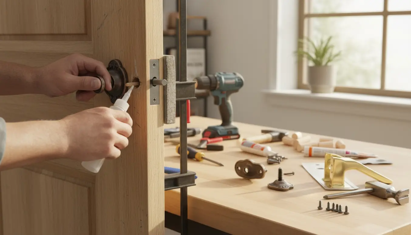 Nærbillede af hænder, der reparerer et løst dørhåndtag med træfylder og værktøj på et solbelyst værksted.
