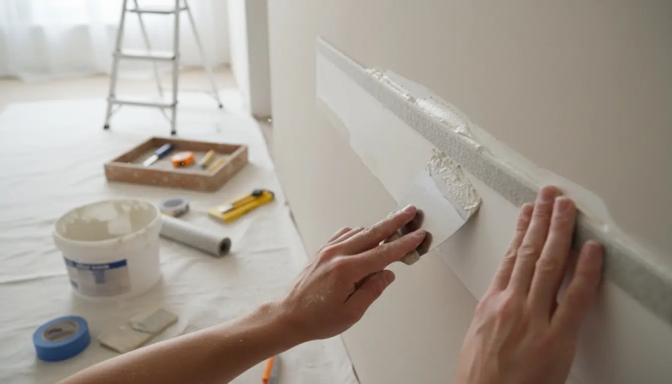 Hænder spartler og presser filt på en rørkasse indendørs med værktøj og materialer ved siden af.