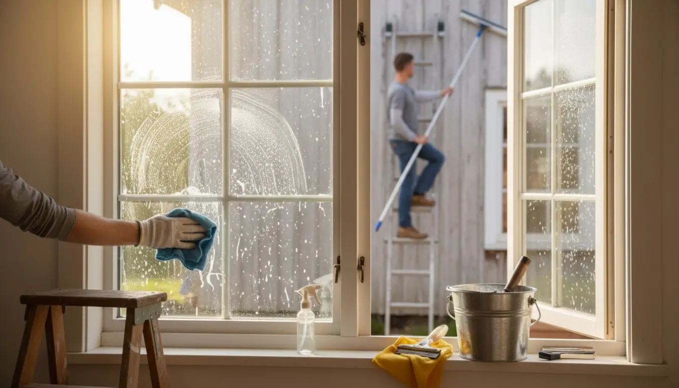 Glædende hænder pudser bondehusrude med klud og vinduesskraber ved åbent vindue.
