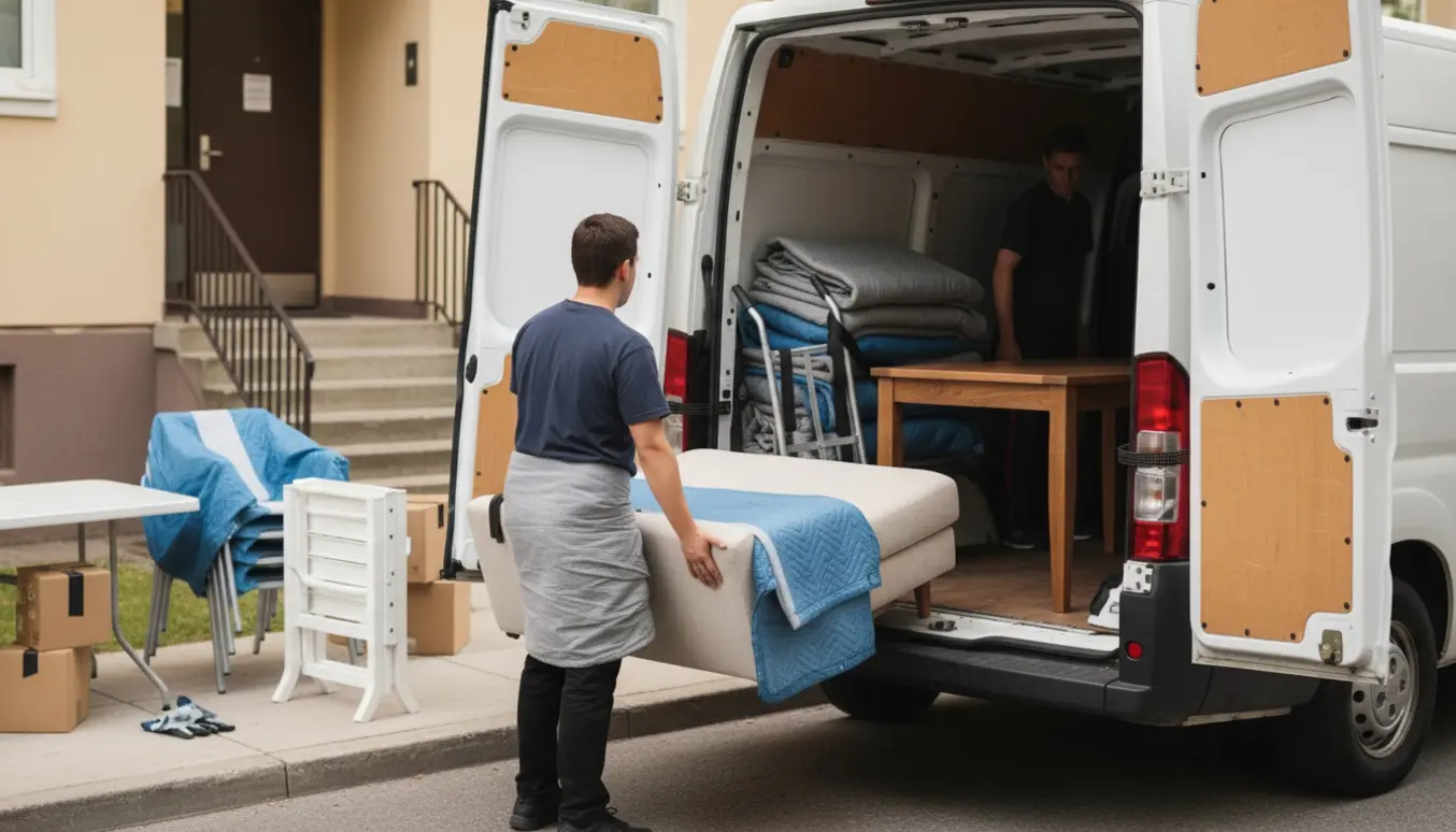 To personer læsser et spisebord og pakkede sofa-dele ind i en lejet varevogn.