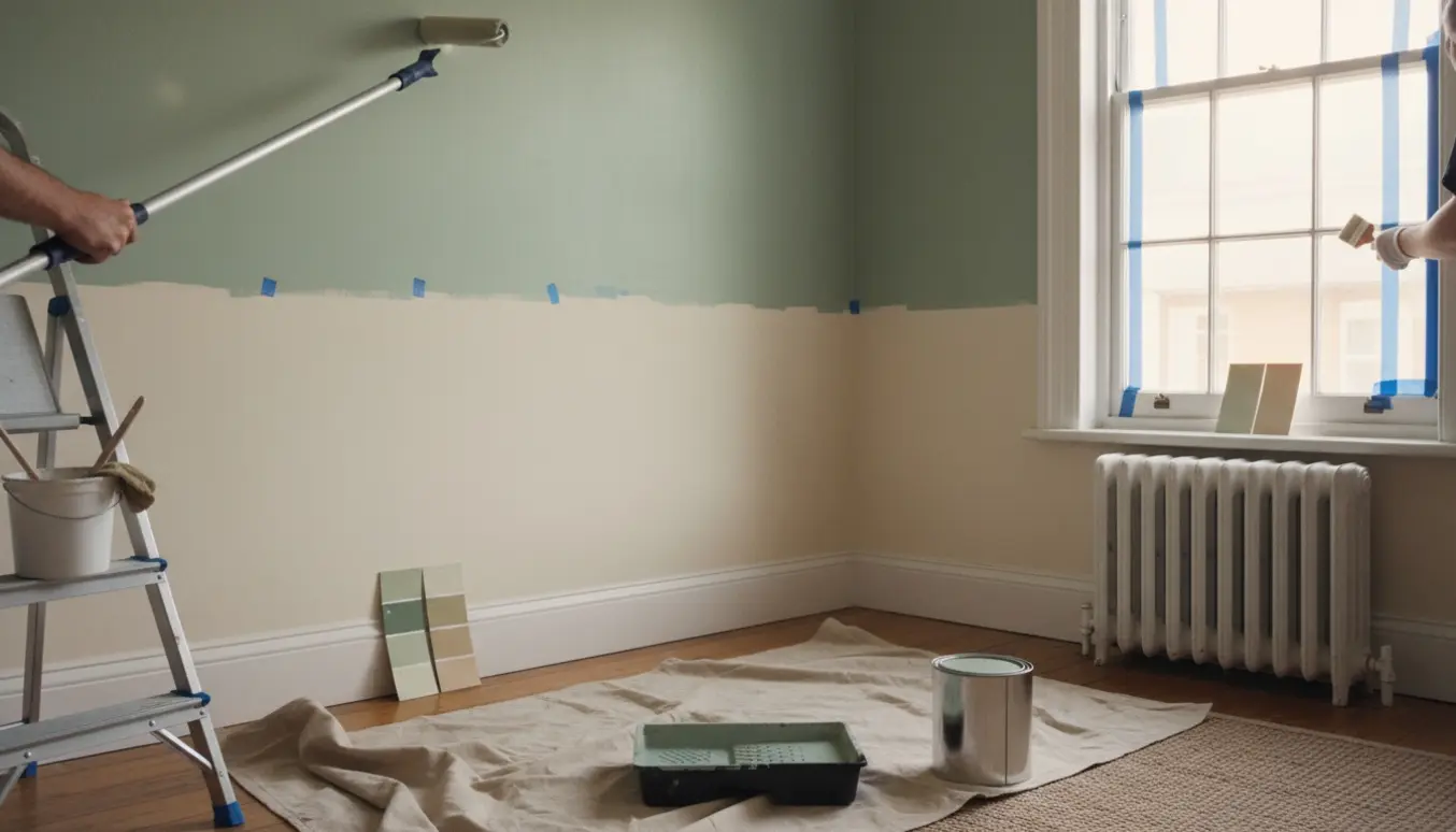 En hånd med malerrulle maler en lys stue på cirka 18 m² med afdækning og malertape på karme.