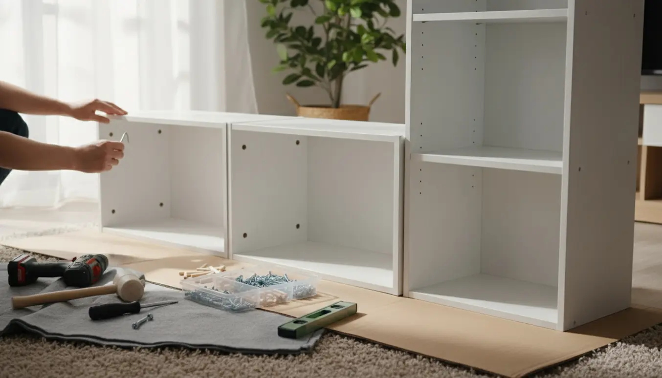 Delvist samlet hvid reol med hænder, der monterer en høj sektion og to lave sektioner i et lyst rum.