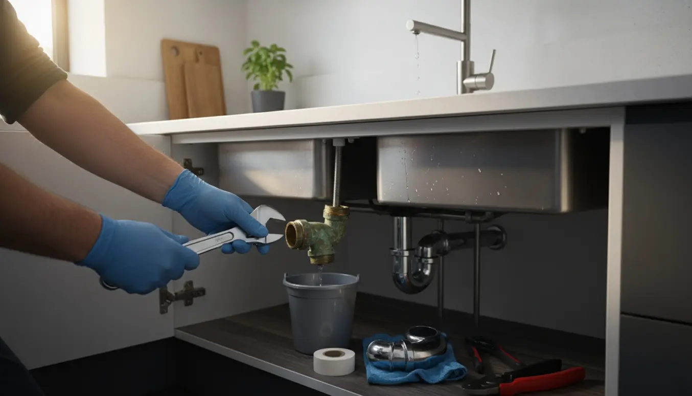 Under køkkenvasken udskiftes en utæt vandlås med nyt P-rør mens hænder holder en skruenøgle og en Quooker-lignende kran drypper.