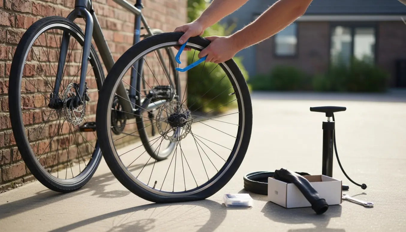 Fladt forhjul på en cykel, hvor hænder bruger dæk- og lappeværktøj i naturligt dagslys.