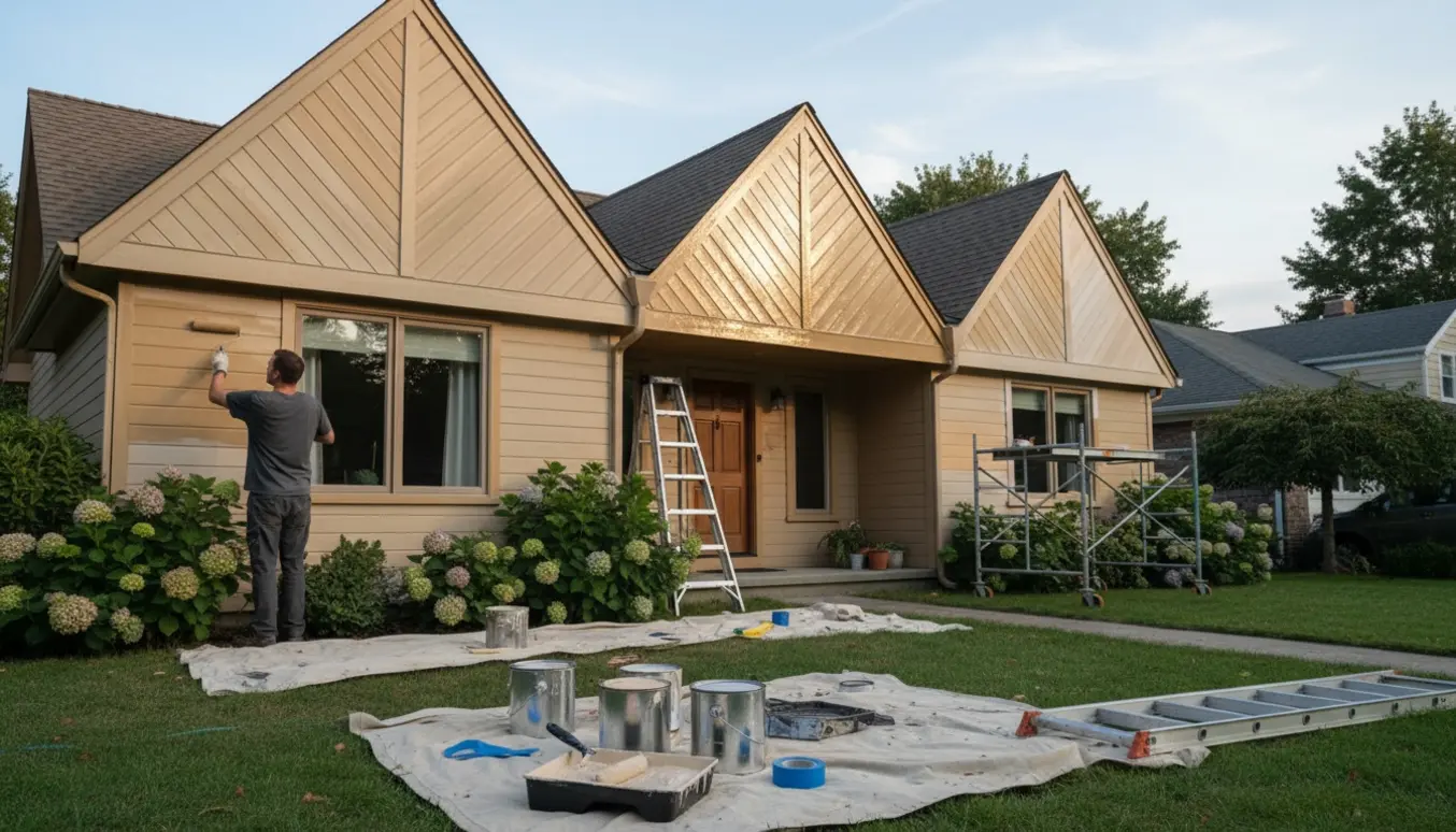 Tre trægavle på et parcelhus bliver malet med stige, pensel og malerbøtte, ansigtet er ikke synligt.