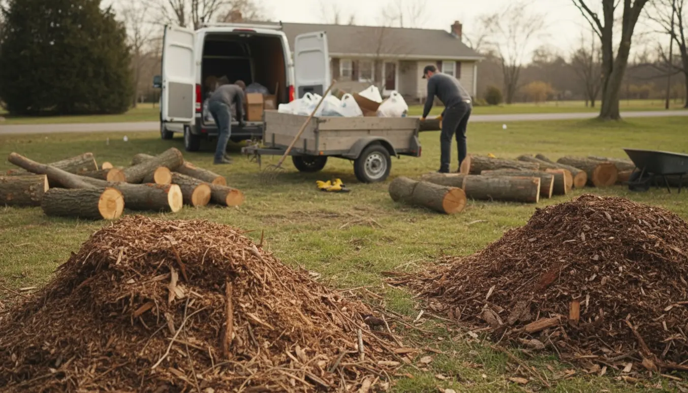 To bunker træflis, flere små træstammer og let affald ved en åben trailer klar til afhentning.