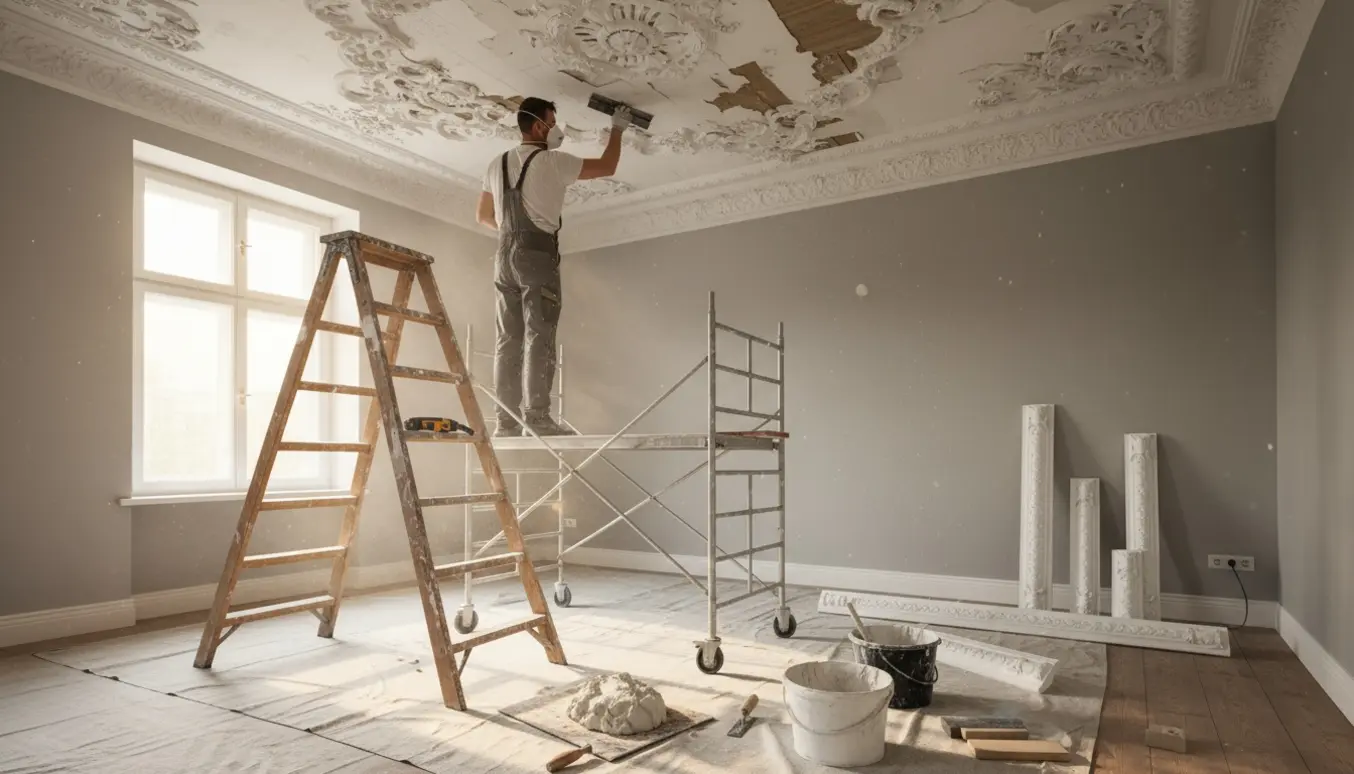 Renovering af stukloft med stige, værktøj og en håndværker med ryggen til, der fjerner gammel plastikmaling.