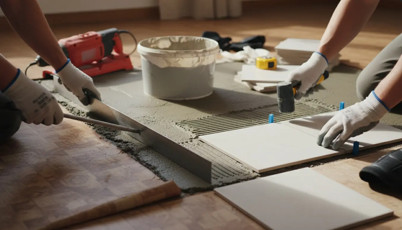 Hænder i handsker støber et betonlag på linoleum og lægger keramiske fliser i et soloplyst rum.