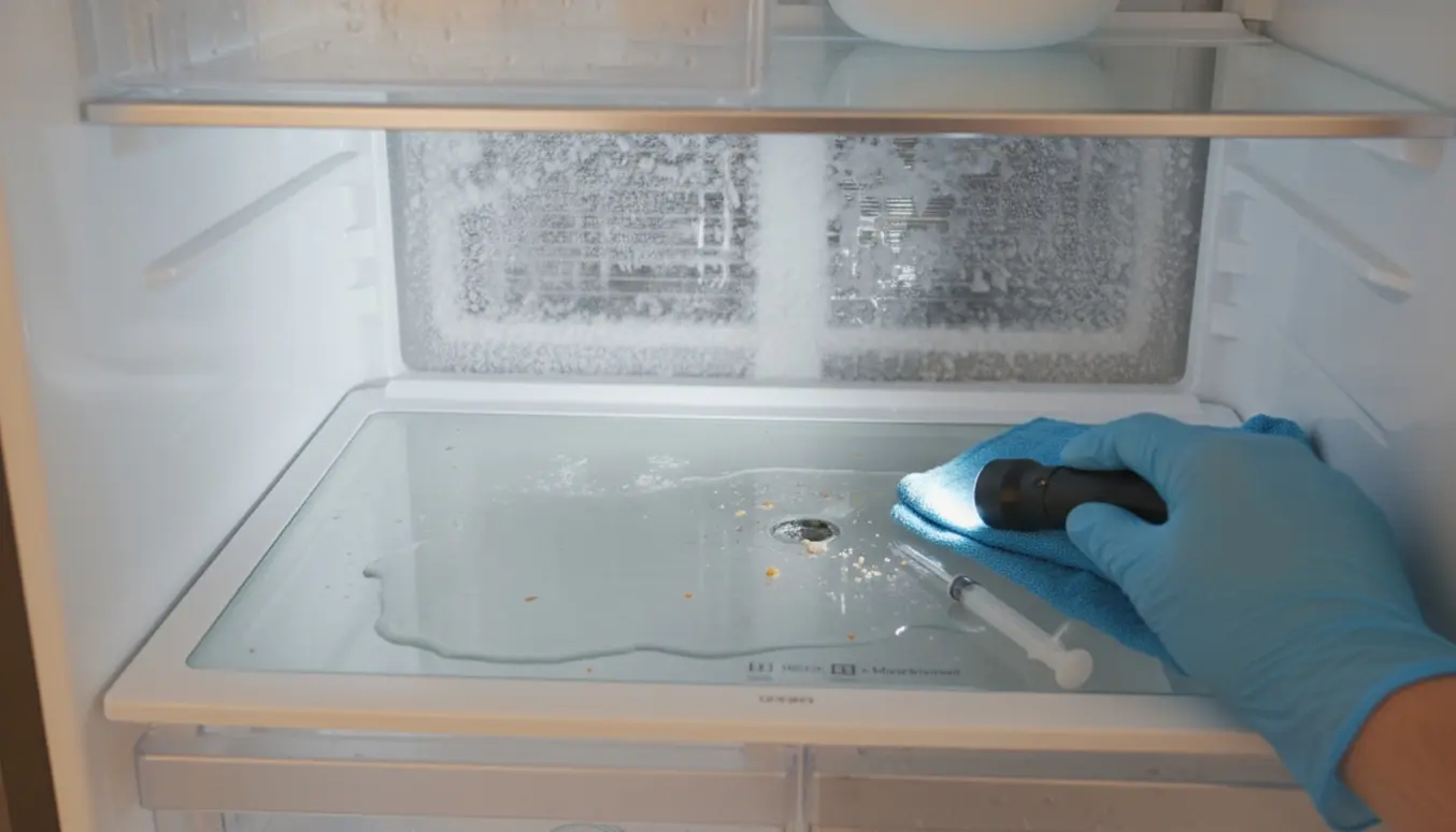 Åbent køleskab med vandpyt i bunden, is i bagvæggen og værktøj til oprensning.
