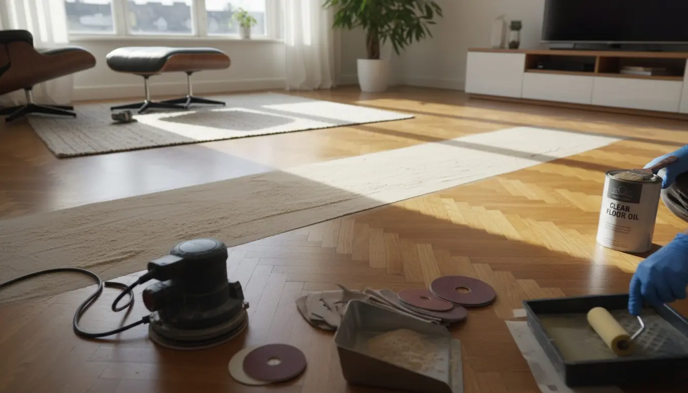 Delvist slebet og nyligt olieret parketgulv med slipeværktøj og olierværktøj i en lys stue.
