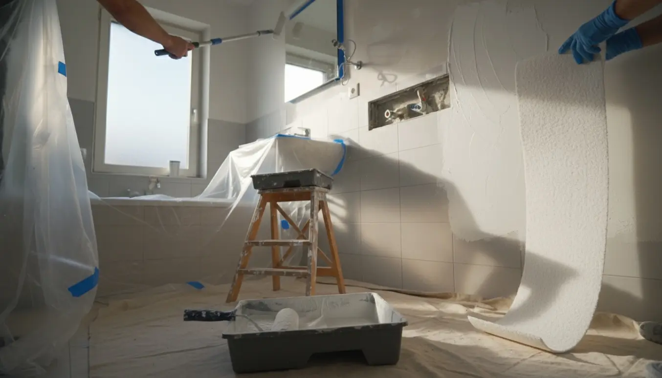 Nærbillede af hænder der spartler, sætter filt op og maler loft og vægge i et badeværelse.