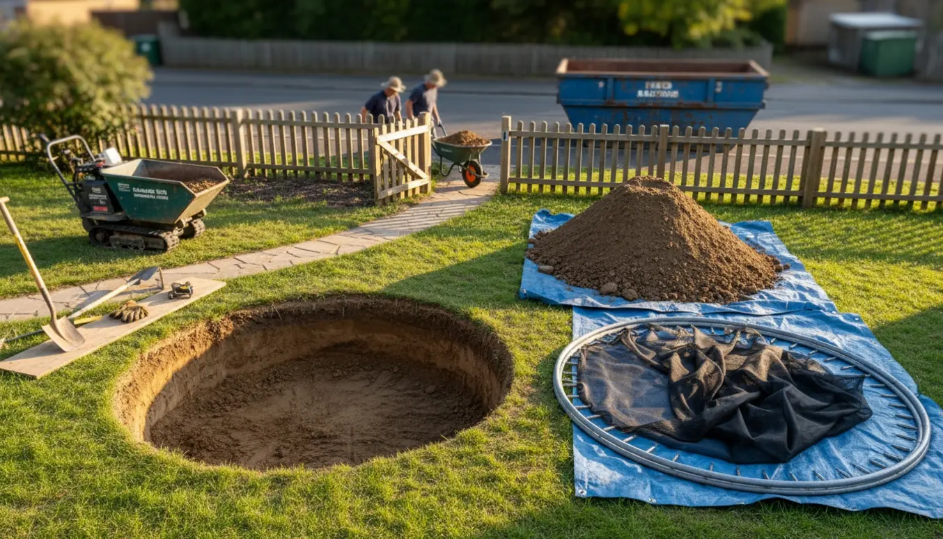 Baghave med et dybt rundt hul til nedgravet trampolin, jord på presenning og en åben havelåge mod en container ved vejen.