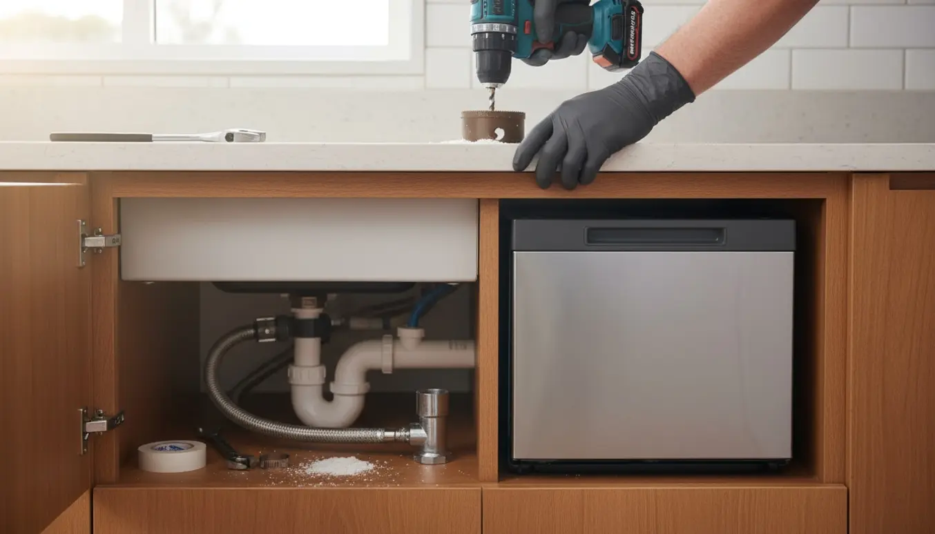 Hænder installerer en bordopvaskemaskine under køkkenvasken og borer hul til slangen.