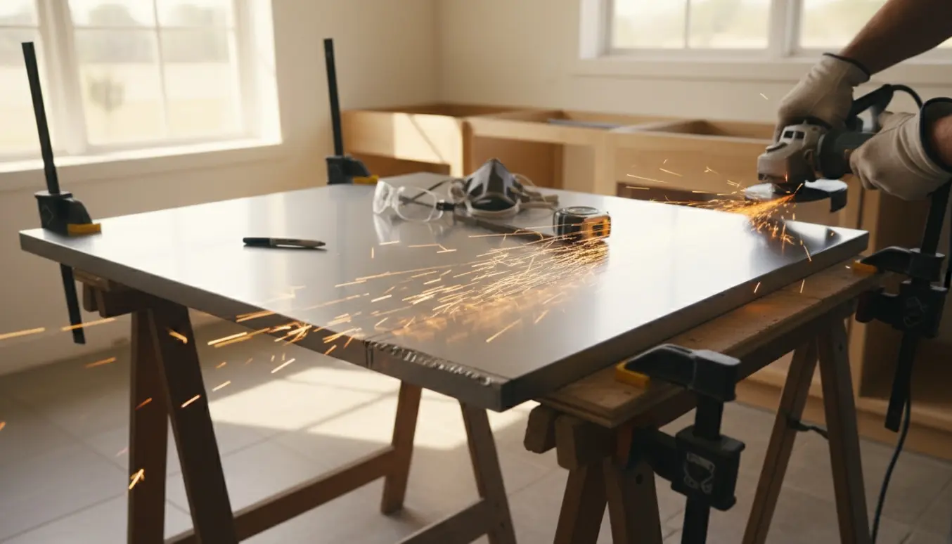 Rustfri stålbordplade på savbuk med målstreger, klemmer og gnister fra en vinkelsliber.