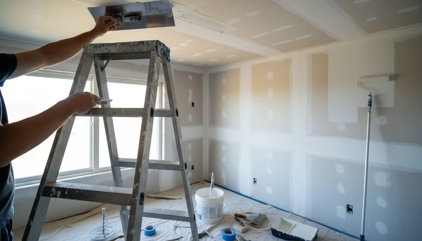 Håndværker spartler og maler et nyt gipsloft og en gipsvæg med stige, spartel og malerulle.