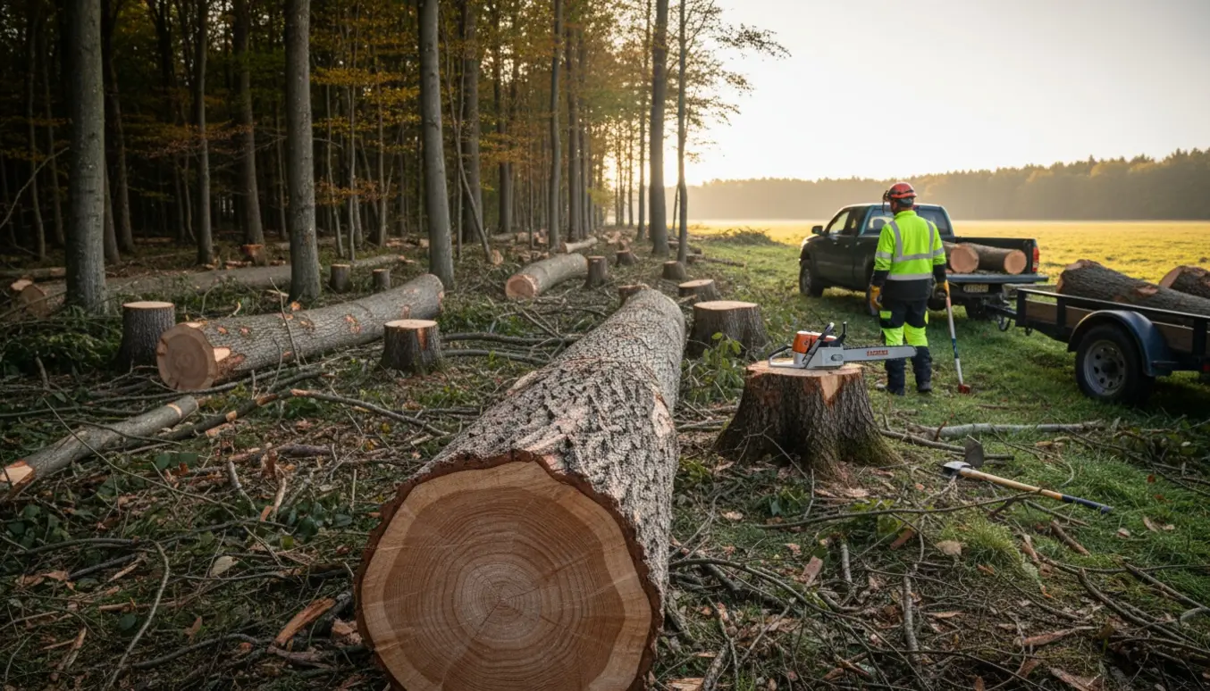 Flere høje træer fældet og lagt ned ved skovkanten med motorsav og lastbil i baggrunden.
