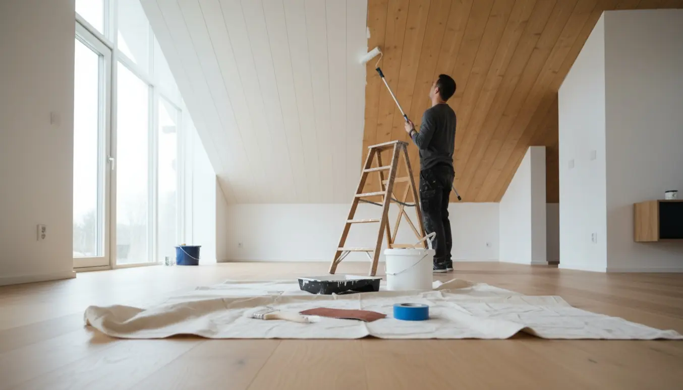 Håndværker maler et træloft med rulle fra en stige i et lyst rum, med malerbøtte og afdækningsplast.