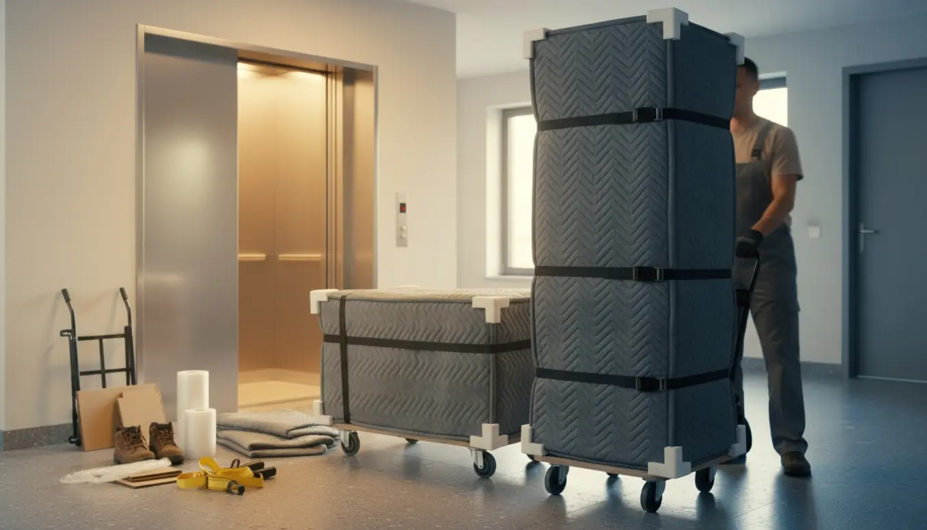 To klædeskabe indpakket på flyttedoller i en lejlighedsgang med elevator i baggrunden.