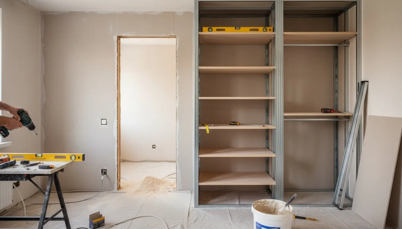 Nyudskåret døråbning og opbyggede gipsvægge til en garderobe med hylder og monteringsværktøj.