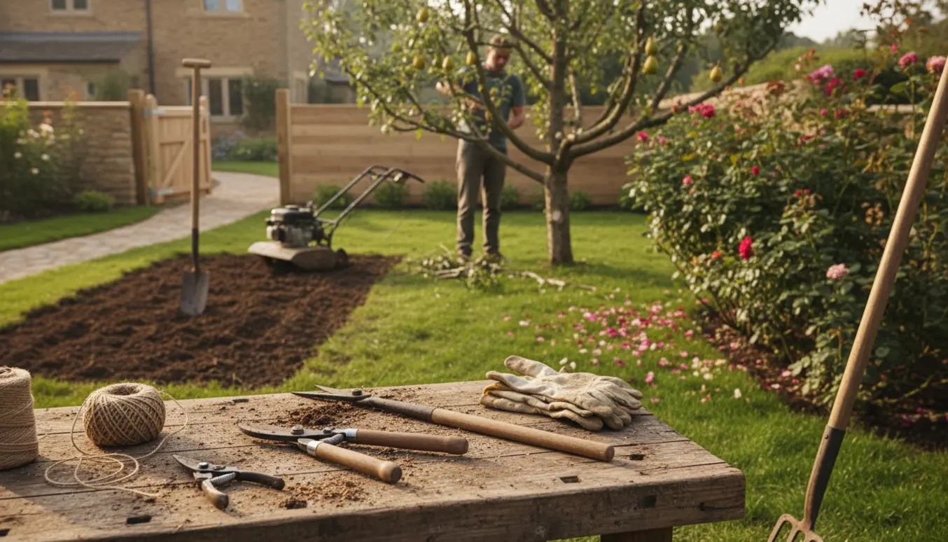 Beskæring af pæretræ og rosenbusk foran huset med frisk tilrevet bed og en ny havelåge.