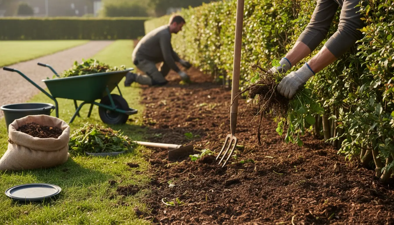Handskerede hænder trækker tæt ukrudt op under en lang hæk med værktøj og en trillebør i baggrunden.