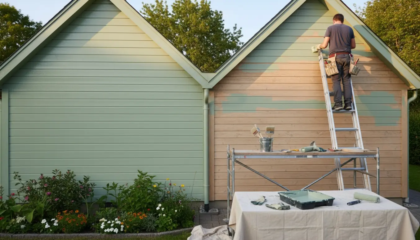 To gavle på et hus under maling med stige, pensler og nymalet træværk.