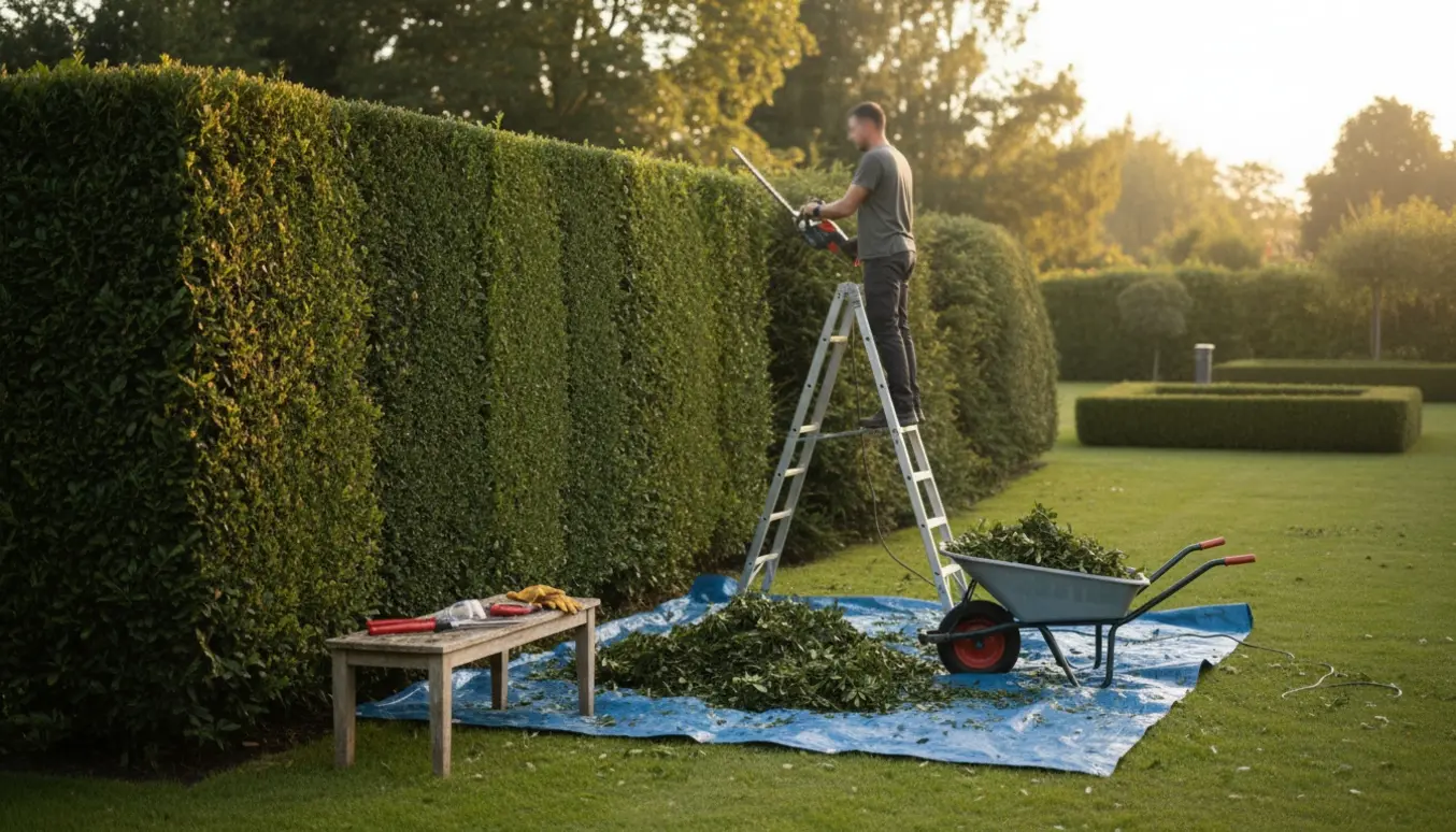 Hækkeklipper på stige trimmer en hæk set bagfra med bunker af afklip og haveredskaber ved siden af.