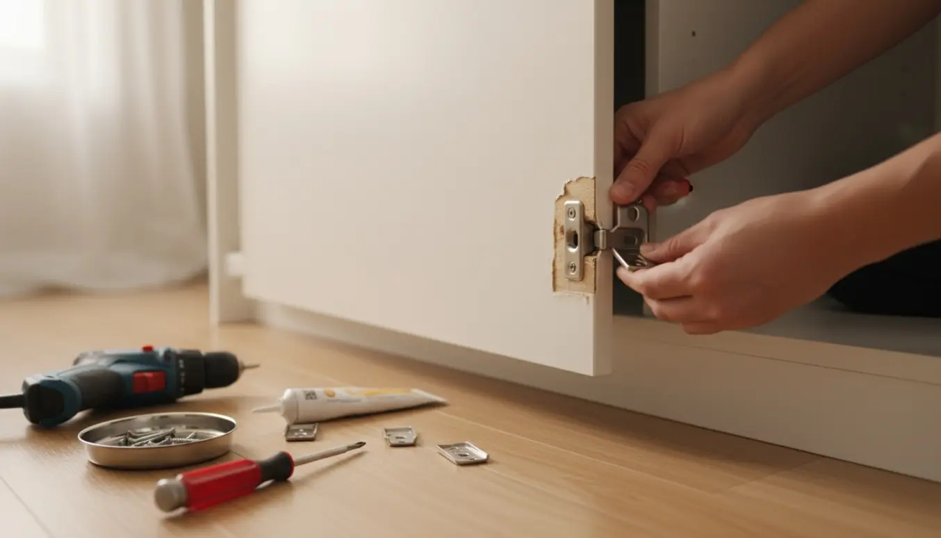 Laminat garderobeskabslåge afmonteret ved skabet med værktøj og synlige hængsler.