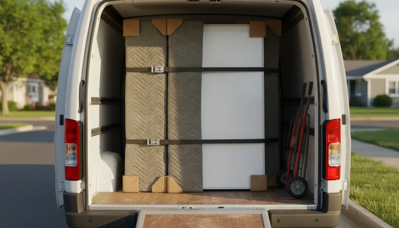 Et par store whiteboards indpakket og fastspændt i bagagerummet på en varevogn klar til transport.