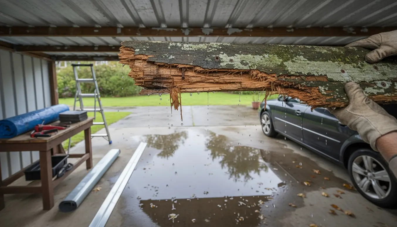 Rådnet gavlbjælke og fugtsskader under en carport med værktøj klar til reparation.