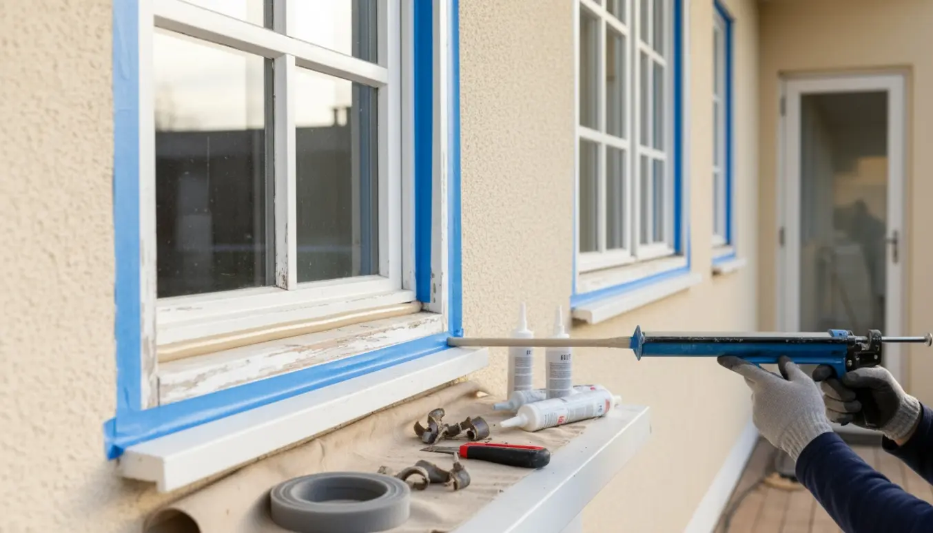 Udskiftning af fuger omkring flere vinduer og en terrassedør med fugepistol og værktøj i dagslys.