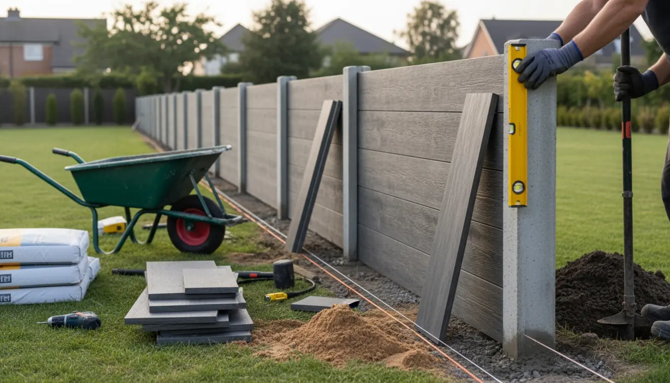 Opsætning af nyt 180 cm højt komposithegn med betonpæle og værktøj på jævnt terræn.