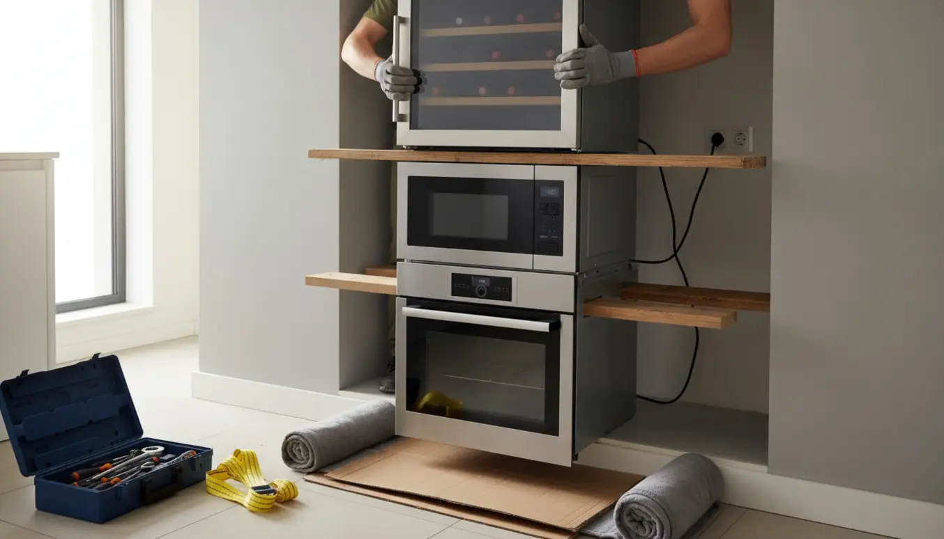 To hænder løfter en stak indbyggede apparater (vinkøler, mikroovn, ovn) trukket delvist ud af et køkkenskab med løse plader og værktøj ved siden af.