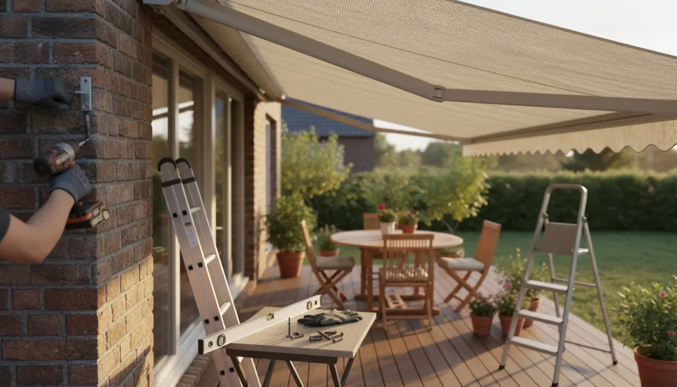 Opsætning af en bred markise over en terrasse med hænder, der fastgør beslag med en boremaskine.