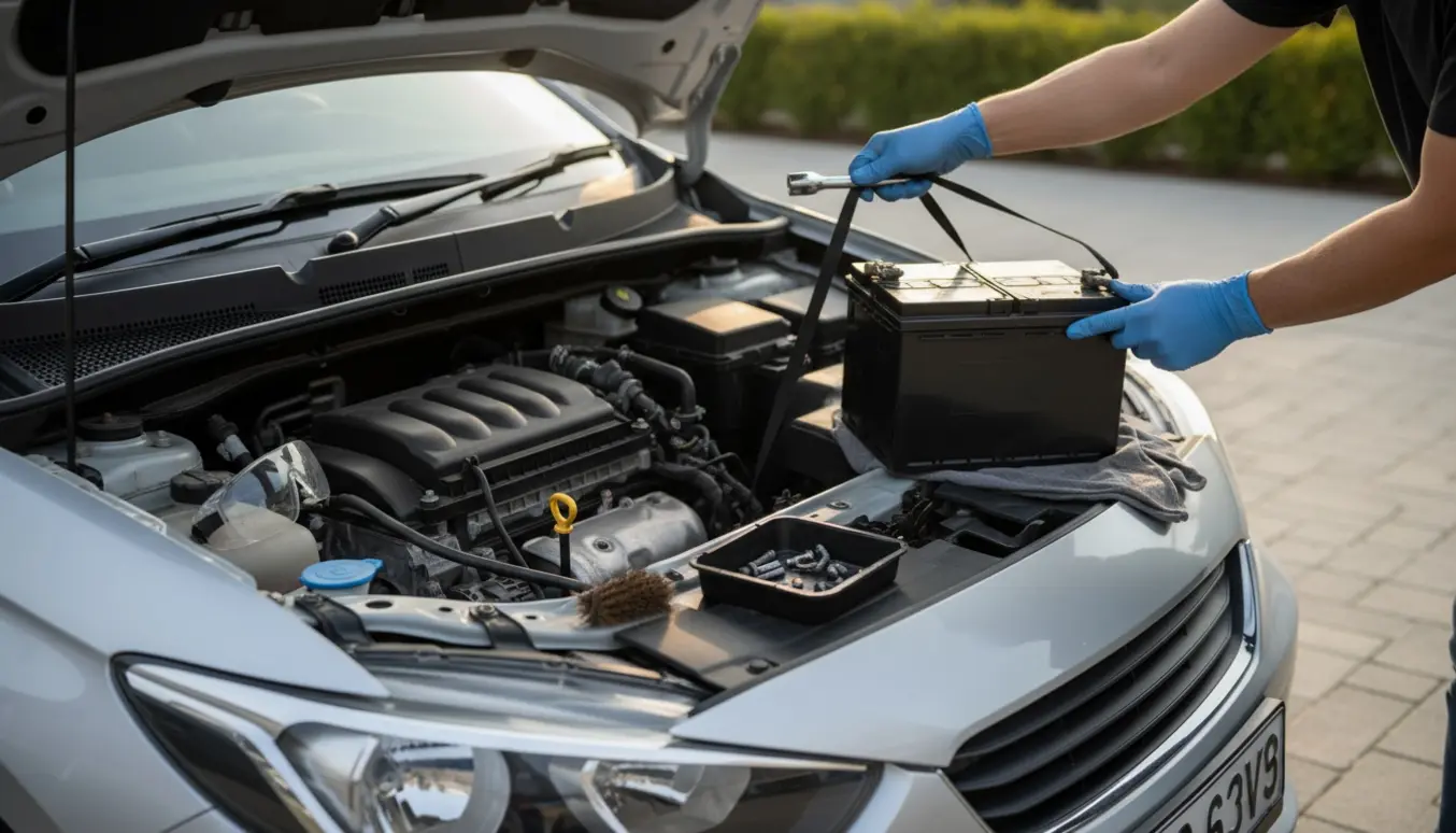 Hands-on billede af en person (uden synligt ansigt), der skifter bilbatteri på en lille hatchback fra omkring 2017.